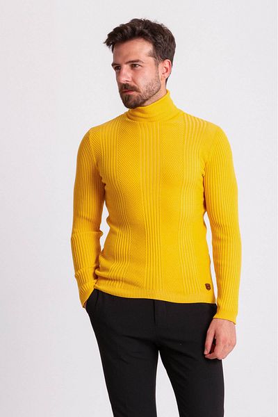Mcr Stripe Patterned Slim Fit Full Turtleneck Men's Knitwear Sweater Yellow - 11336.20K