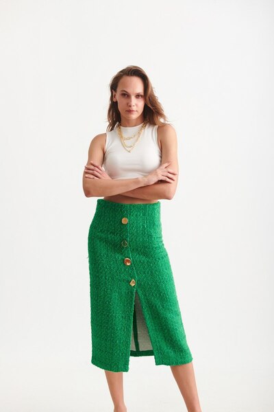 dükkan10butika Green Women's Jacket and Skirt Set - Button Detailed, Long Slit Tweed