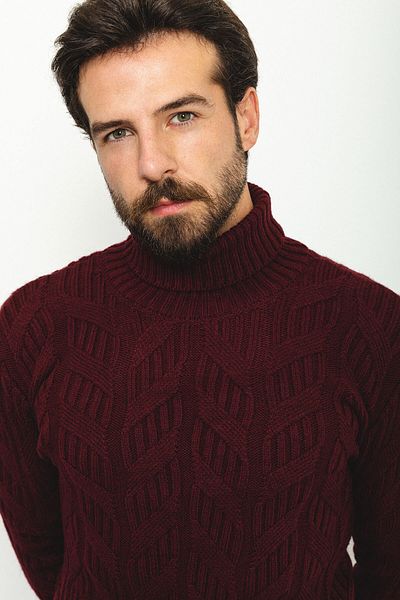 Mcr Braided Slim Fit Full Turtleneck Wool Men's Sweater Burgundy - 11350.21K