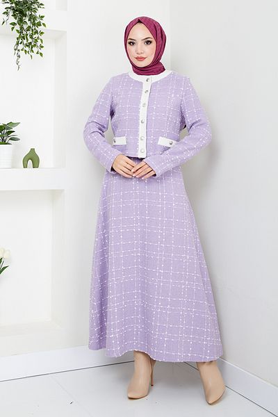 ModaMerve Set cu fustă și jachetă din tweed liliac - 1140S982-M