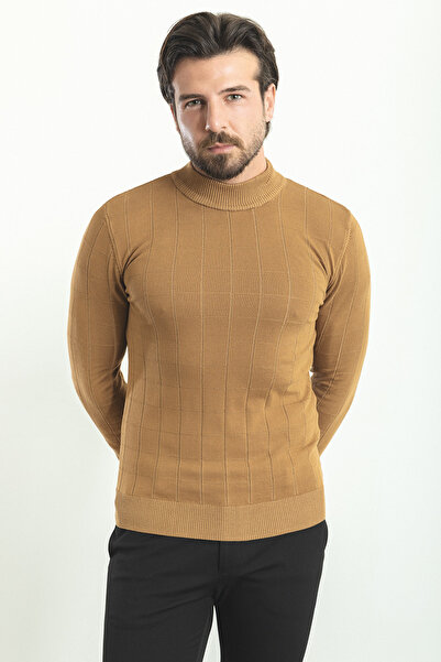 Mcr Чоловічий светр з напівкоміром, в клітинку, облягаючий крій, камелевий - 11369.22K