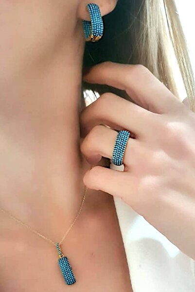 OSESHOP Turkuaz taşlı gümüş üzerine altın kaplama takı seti
