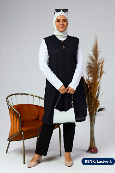 Ferace Women's Hijab Clothing Long Summer Pocket Zippered Vest Navy Blue