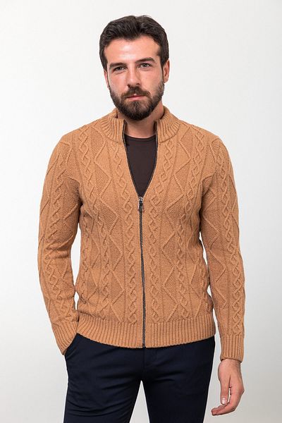 Mcr Braided Slim Fit Judge Collar Zippered Wool Men's Knitwear Cardigan Camel - 11236.23K