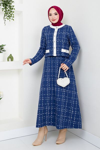 ModaMerve Costum Indigo - Cu jachetă și fustă din tweed 1140S982-M