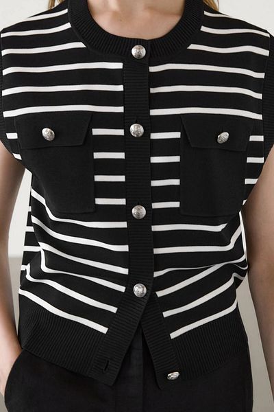 My Blog Schwarz gestreifter Strick-Cardigan mit silbernen Knopftaschen-4443