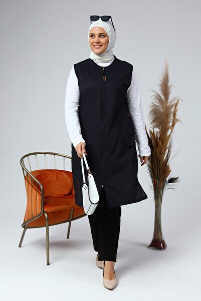 Ferace Women's Hijab Clothing Long Summer Pocket Zippered Vest Navy Blue