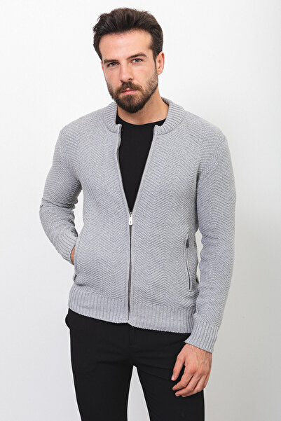Mcr Patterned Slim Fit Judge Collar Men's Cardigan Light Gray - 11233.22K