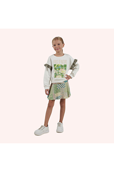 Panço Kız Çocuk Baskılı Beyaz Sweatshirt