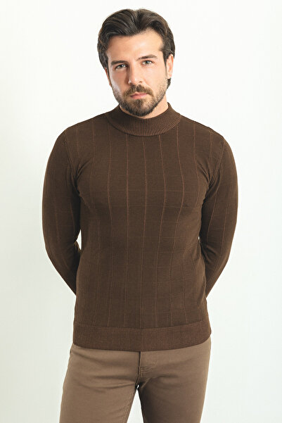 Mcr Чоловічий трикотажний светр з напіврибальським коміром, в клітинку, slim fit, кавовий - 11369.22K