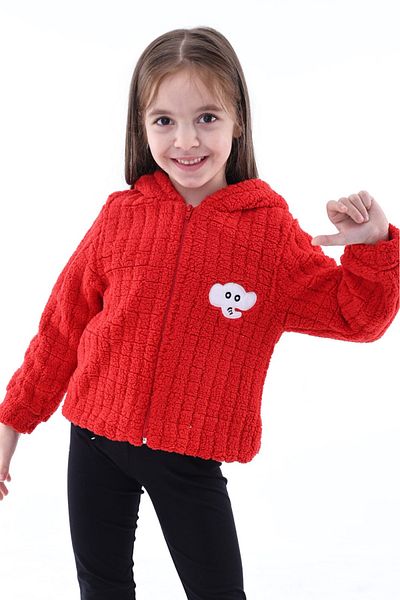 aden kids Red Unisex Children's Checkered Plush Cardigan - with Lining Detail, 1-5 Years, Winter