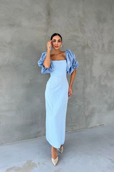 Seda Yalçın Atelier Pearl Detailed Baby Blue Zippered Princess Sleeve Dress