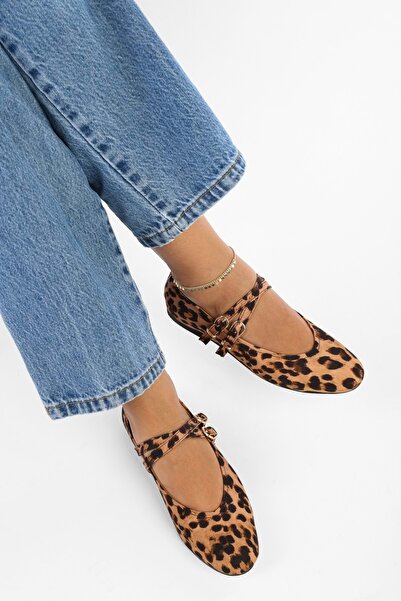 Shoeberry Women's Fiesty Leopard Patterned Double Strap Ballerinas