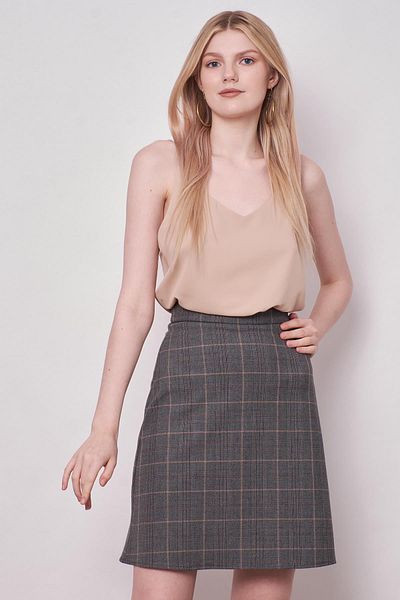 Jument High Waist Light Lycra Fabric Knee Length Bell Skirt-Anthracite Plaid
