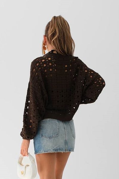 vuvutasarım Дамски пуловер с кръгло деколте и ажурни детайли, кафяв, 24W16033