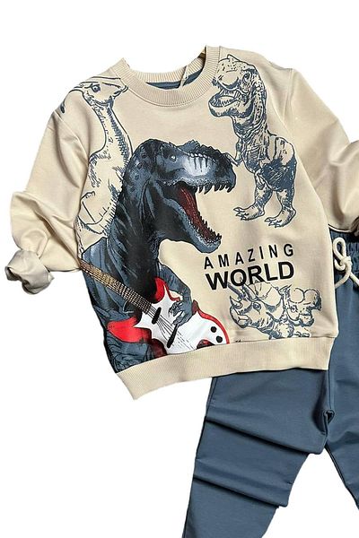 Riccotarz Boy's Dinosaur Printed Amazing Word Text Blue Tracksuit Set