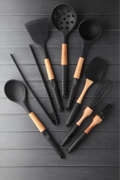 Perotti 8 Piece Pinterest Style Silicone Serving Set - Black Holder and Wooden Center