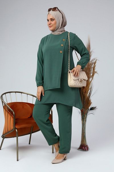 Ferace Women's Large Size Lower Top Hijab Double Ayrobin Suit Khaki