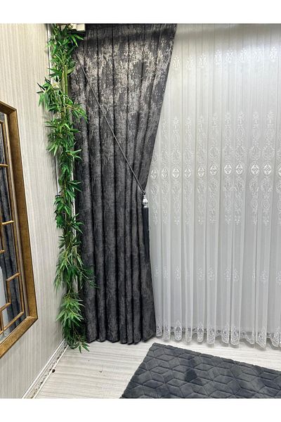NİVEMESHOME Pera V-2501 1/3 Black Battery Pleated Phone Curtain Apm