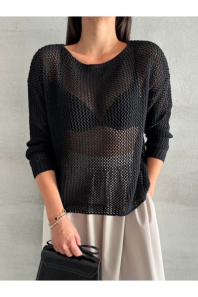 Laluvia Black Blossom Openwork Relaxed Fit Pullover-4051