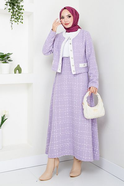 ModaMerve Set cu fustă și jachetă din tweed liliac - 1140S982-M