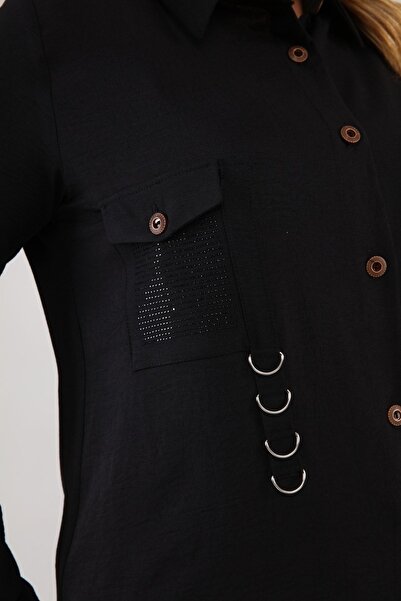 Ferace Women's Large Size Rhinestone Ayrobin Gomlek Tunik Black