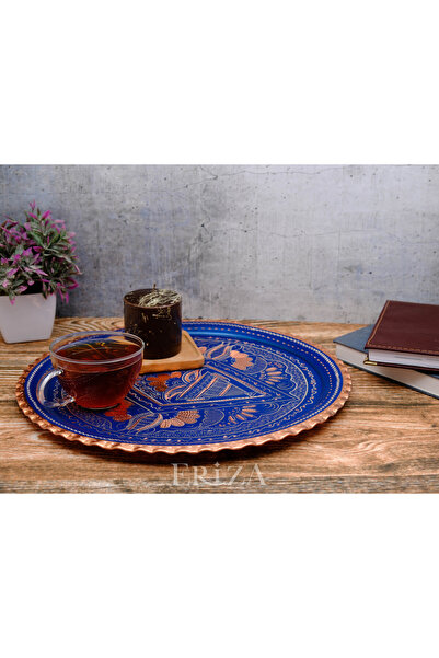 ERİZA Yuvarlak İşlemeli Bakır Servis Tepsisi 29 Cm