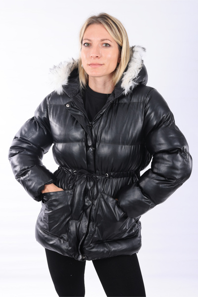 NEVEGE BUTİK Deri Şişme Kapüşonlu Mont