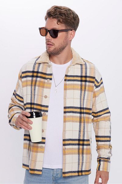 Tudors Unisex Relax Fit Relaxed Fit Checked Winter Lumberjack Overshirt Jacket Style Plush Lapel Shirt