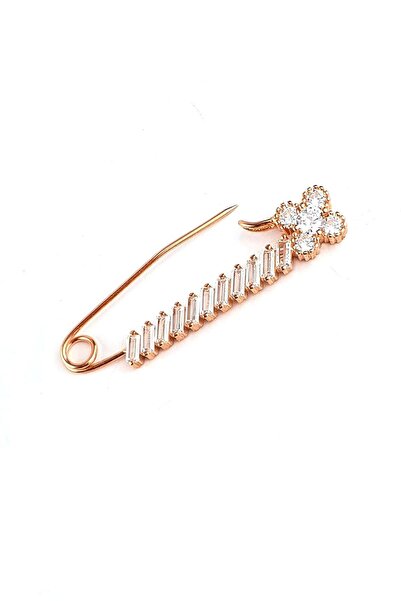 OSESHOP Zirkon Taş Detaylı 925ayar Gümüş Üzerine Rose Altın Kaplama Çengelli İğne Yaka İğnesi Broş