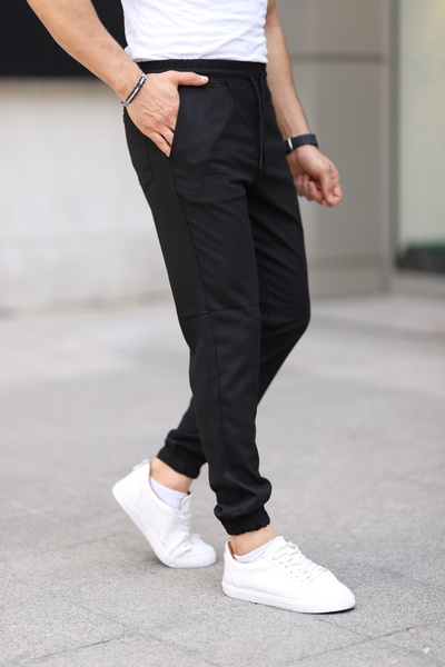 Bürke Ανδρικό μαύρο χρώμα μέσης - ελαστικό πόδι με κορδόνια ελαστικό εφαρμοστό παντελόνι Jogger υφασμάτινο παντελόνι