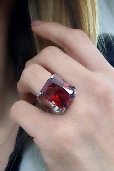 OSESHOP Kırmızı Zirkon Taşlı 925ayar Gümüş Tasarım Tek taş Yüzük