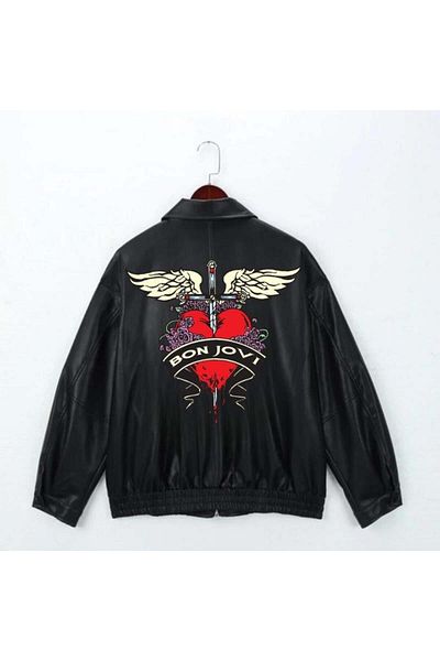Touz Moda Bon Jovi Printed Black Oversize Δερμάτινο Μπουφάν - Unisex Streetwear