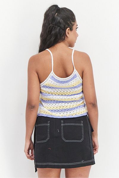 French Connection Women V-Neck Sleeveless Crochet Tank Top, White Combo