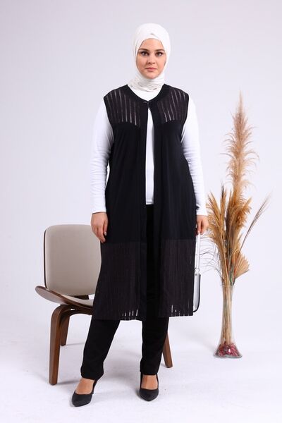 Ferace Kadin Buyuk Beden Yelek Anne Uzun Ve Tasli Siyah