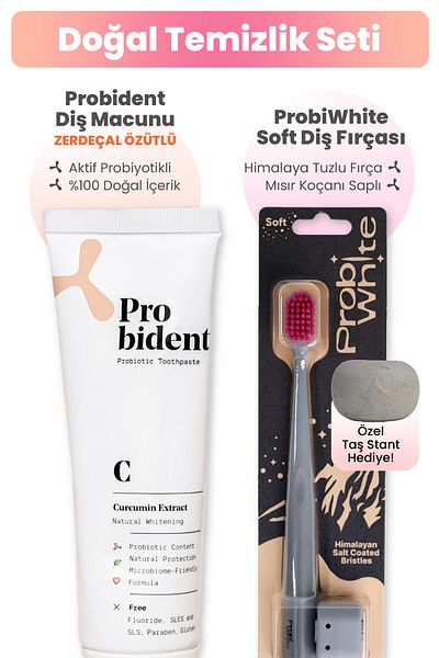 Probident Natural Cleaning Set - Activated Probiotic Turmeric Extract Toothpaste and Himalayan Salt Covered Toothbrush