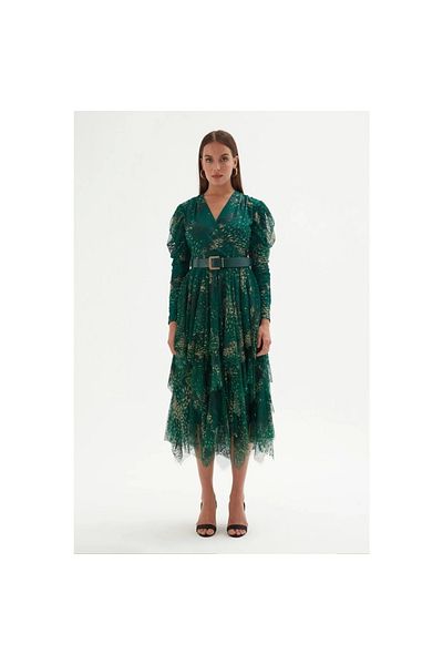 rapellin Double Breasted Collar Printed Tulle Evening Dress 1773-green