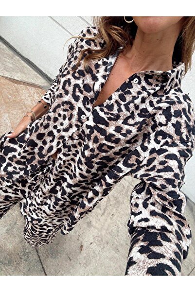 Maldia Shop Women's Leopard Pattern Brown Shirt Pants Set with Elastic Waist