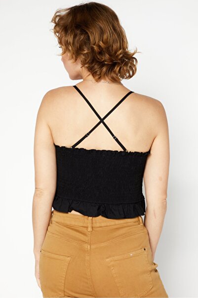 NA-KD Women Halter Neck Sleeveless Shirred Crop Top, Black