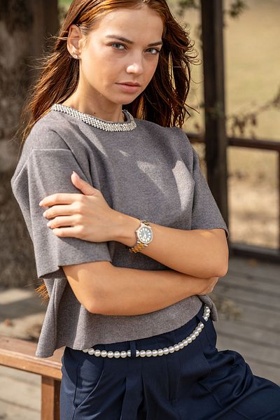 VerdeBlanco Anthracite Stone Detailed Basic Blouse