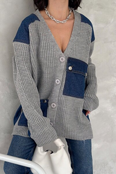 FEMELLE Women's Gray Standard Size Jeans Pocket Detailed Snap Button Jeans Detailed Design Oversize Knitwear Cardigan