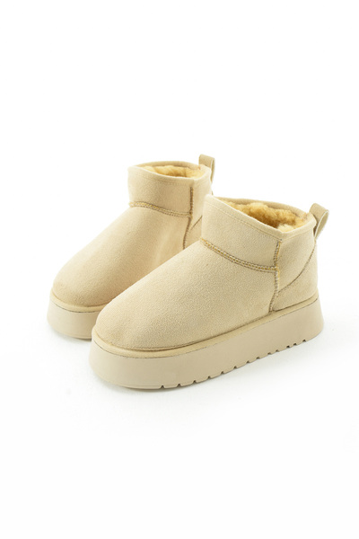 Gökçe Shoes Elvira Krem Süet İçi Suni Kürk Kadın Kalın Taban Bot