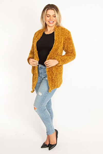 Şans Γυναικεία Πλεκτή Ζακέτα 65n34602 χοντρή τσέπη σαφράν σε μεγάλο μέγεθος