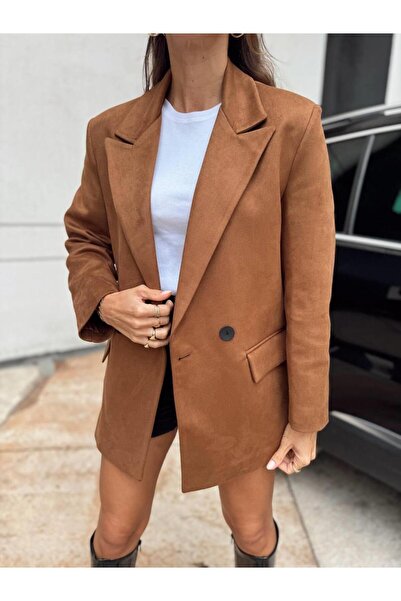 Maldia Shop Women's Suede Fabric Lined Tan Blazer Jacket