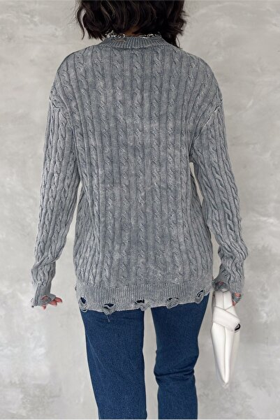 FEMELLE Women's Gray Standard Size Off-Shoulder Ripped Knitwear Sweater