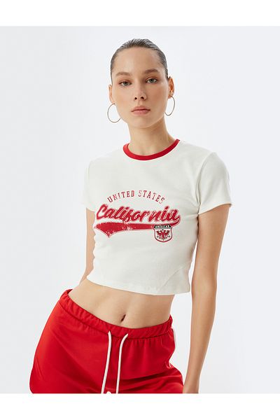 Koton College Themed Crop T-shirt - Back Printed, Short Sleeve, Ribbed Slim Fit