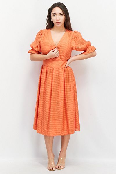 Esprit Women V-neck Short Sleeve Stripe Midi Dress, Orange