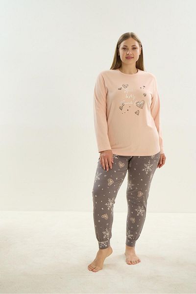 Sevim Plus Size Salmon Long Sleeve Pajamas Set - C7T1N0O61