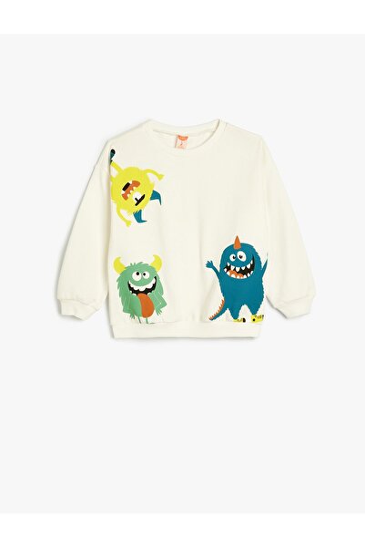 Koton Monster Printed Cotton Sweatshirt - Crew Neck Raised