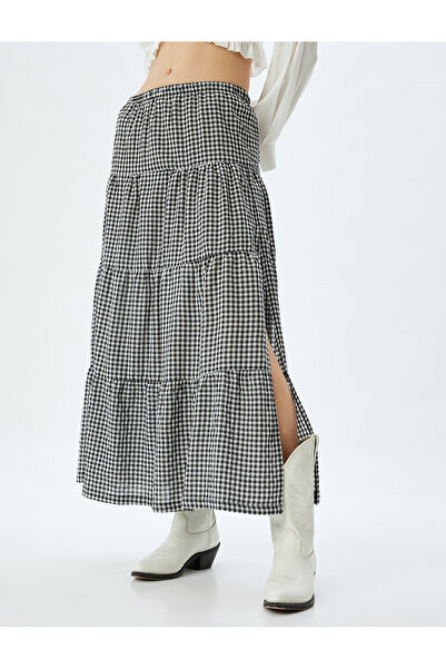 Koton Yırtmaç Detaylı Katlı Beli Lastikli Uzun Ekoseli Etek